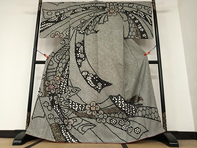 平和屋着物●訪問着　絞り　結び紐花文　黒地　金彩　正絹　逸品　未使用　AAAX0594zg