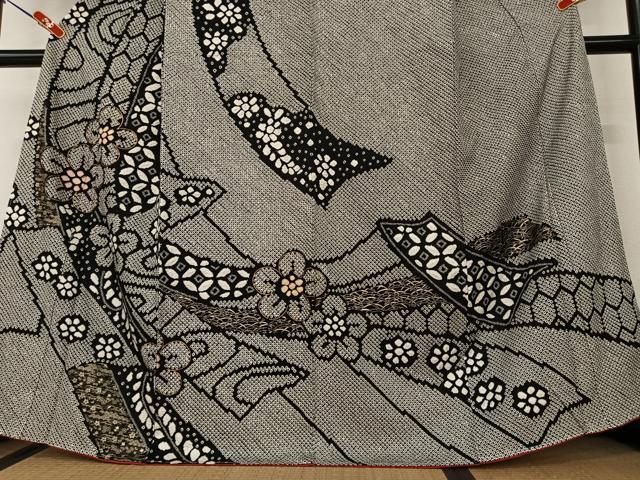 平和屋着物●訪問着　絞り　結び紐花文　黒地　金彩　正絹　逸品　未使用　AAAX0594zg