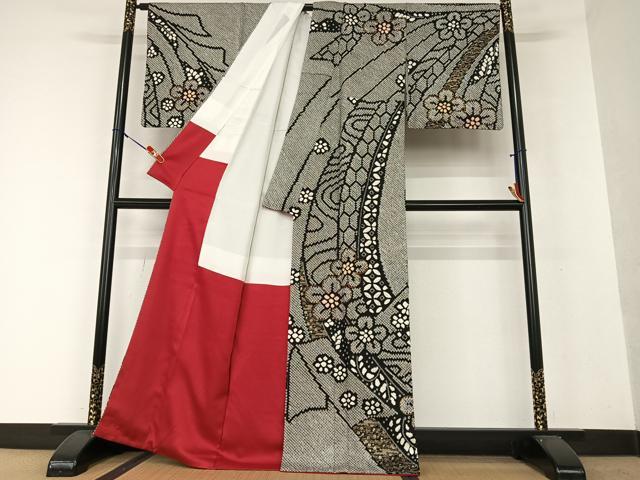 平和屋着物●訪問着　絞り　結び紐花文　黒地　金彩　正絹　逸品　未使用　AAAX0594zg