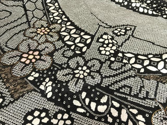 平和屋着物●訪問着　絞り　結び紐花文　黒地　金彩　正絹　逸品　未使用　AAAX0594zg