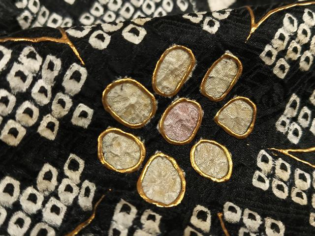 平和屋着物●訪問着　絞り　結び紐花文　黒地　金彩　正絹　逸品　未使用　AAAX0594zg