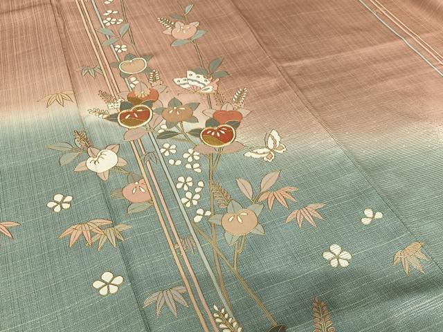 平和屋着物○訪問着 駒刺繍 花蝶文 橘 暈し染め 金彩