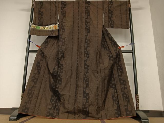 平和屋着物○結城紬 80亀甲 笹の葉文 正絹 逸品 AAAX0200np 平和屋