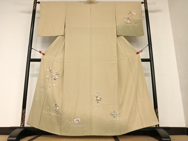 平和屋着物●訪問着　御所車花文　糸巻き　暈し染め　金彩　正絹　逸品　AAAX0627zg