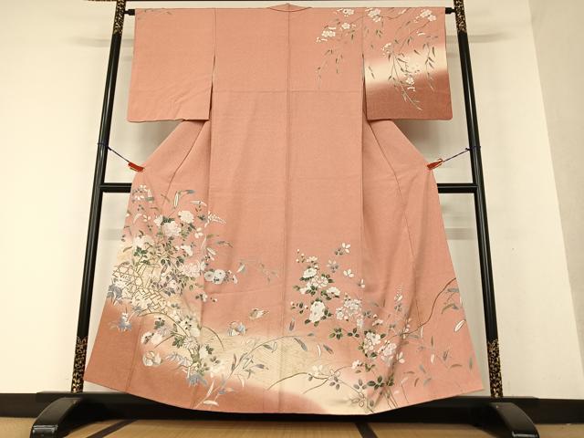 平和屋着物●訪問着　立波鴛鴦花籬文　暈し染め　金彩　正絹　逸品　AAAX0769zg