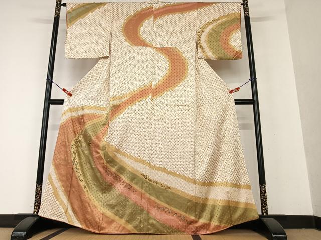 平和屋着物●訪問着 手描き 絞り 中国三大刺繍 スワトウ刺繍 汕頭刺繍 相良刺繍 更紗花間道 暈し染め 金彩 正絹　逸品 AAAX0777zg