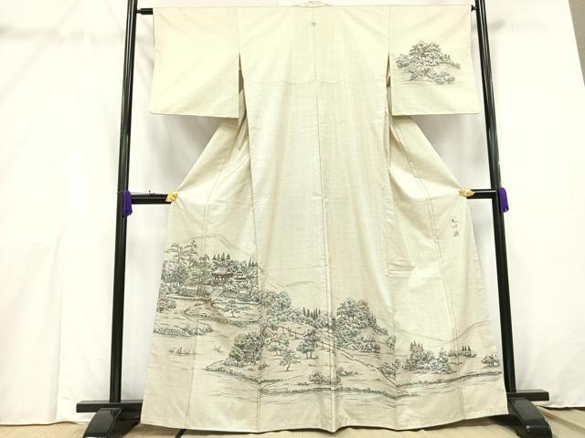 平和屋着物●本場大島紬　訪問着　白大島　作家物　風景文　正絹　逸品　AAAX6638mf