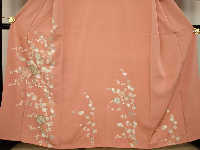 花柄訪問着 クリーム色　枝橘文　金彩　駒刺繍　しつけ糸付未使用品　正絹　七五三 花柄訪問着 クリーム色 枝橘文 金彩 駒刺繍 しつけ糸付未使用品