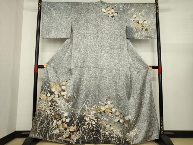 平和屋着物●訪問着　草花文　暈し染め　黒地　金彩　正絹　逸品　AAAX8326ck