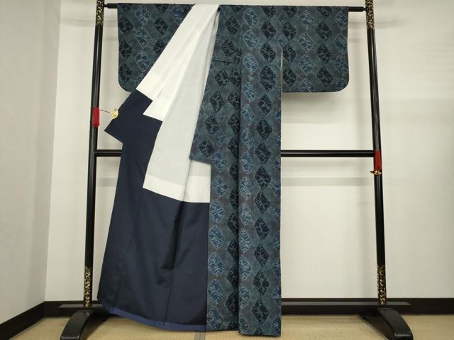 平和屋着物○上質な小紋 紬地 絞り 藍 菱文 正絹 逸品 AAAX8340ck