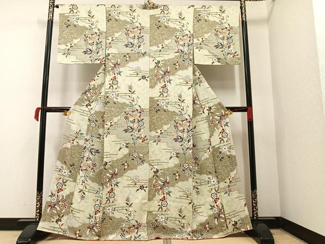 平和屋着物■上質な小紋　色紙花蝶文　鬼しぼ縮緬　逸品　未使用　BAAJ1566yt 平和屋着物□上質な小紋 型染め 枝花文 鬼しぼ縮緬 正絹