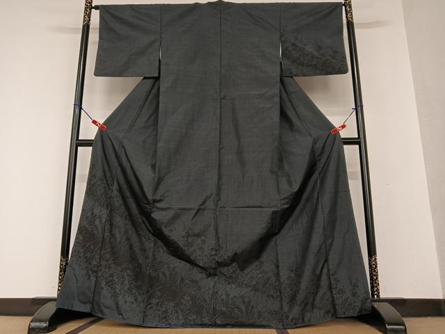 平和屋着物●紬　訪問着　草花シルエット　正絹　逸品　AAAY0007zg