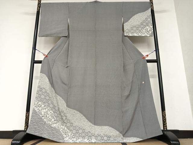 平和屋着物●今井喜三郎　江戸小紋　訪問着　万筋　白×黒　道長花文　正絹　逸品　AAAY0011zg