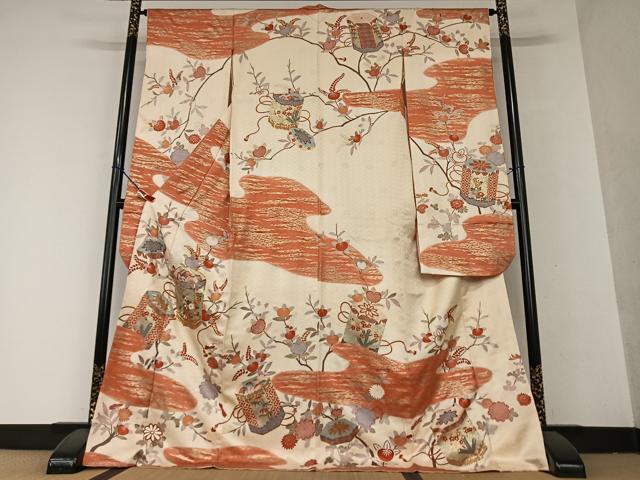 平和屋着物●十日町老舗ブランド　吉澤友禅　吾妻徳穂　振袖　駒刺繍　貝桶花文　橘　暈し染め　金彩　ロング丈　正絹　逸品　AAAY0015zg
