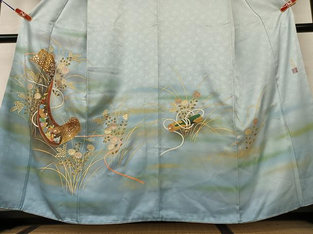 平和屋着物●人間国宝　福田喜三郎　色留袖　刺繍　花絵巻人物文　暈し染め　金彩　ますいわ屋扱い　正絹　逸品　AAAY0044zg 平和屋着物○人間国宝 福田喜三郎 色留袖 刺繍 花絵巻人物文 暈