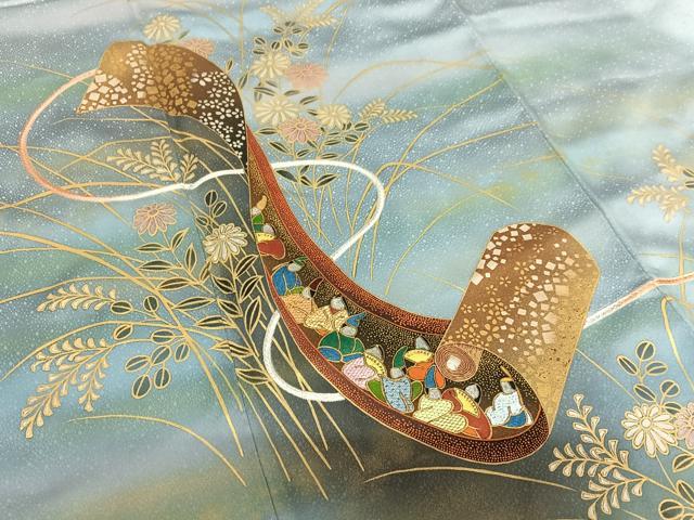 平和屋着物●人間国宝　福田喜三郎　色留袖　刺繍　花絵巻人物文　暈し染め　金彩　ますいわ屋扱い　正絹　逸品　AAAY0044zg 平和屋着物○人間国宝 福田喜三郎 色留袖 刺繍 花絵巻人物文 暈