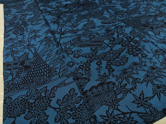 平和屋着物●本藍　小紋　型染め　風景草花文　正絹　逸品　AAAY0077zg 平和屋着物○本藍 小紋 型染め 風景草花文 正絹 逸品 AAAY0077zg