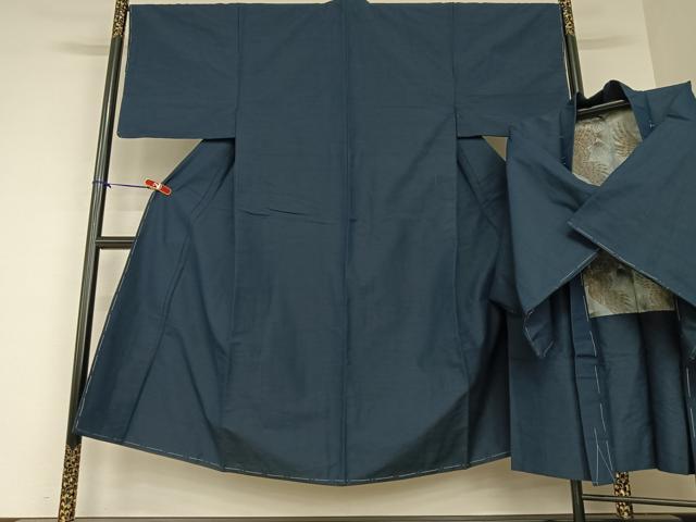 平和屋着物●男性　紬　アンサンブル　色無地　鉄紺色　正絹　逸品　未使用　AAAY0123zg
