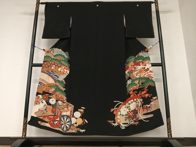 平和屋着物●アンティーク　大正ロマン　黒留袖　立波御所車花文　金彩　両褄　正絹　逸品　AAAY0165zg