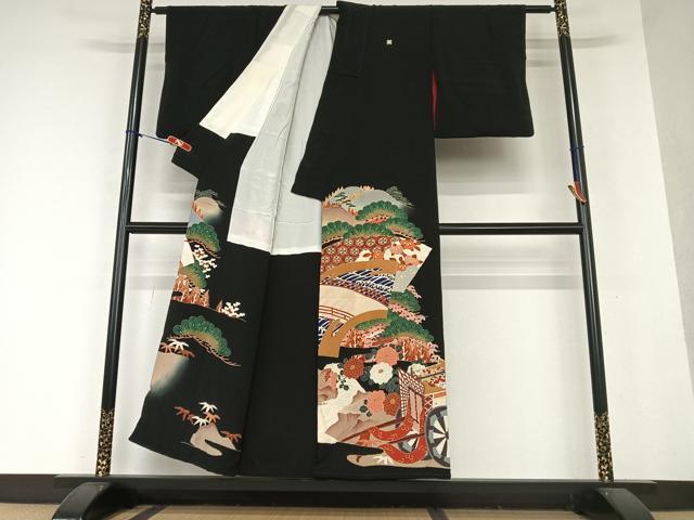平和屋着物○アンティーク 大正ロマン 黒留袖 立波御所車花文 金彩 両褄