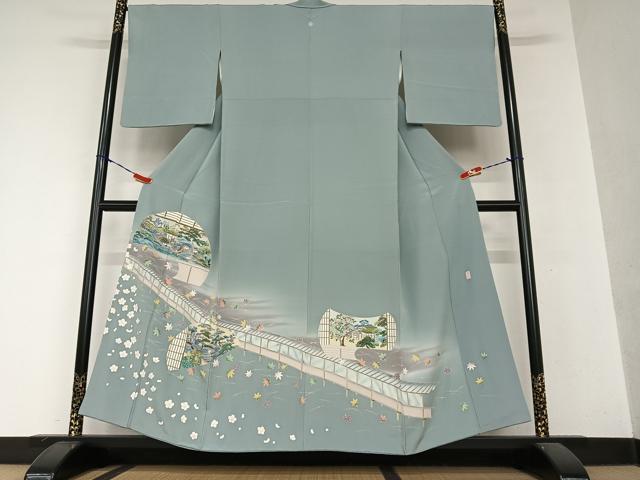 平和屋着物●豪華色留袖　友禅　作家物　渡橋風景草花文　暈し染め　正絹　逸品　AAAY0213zg