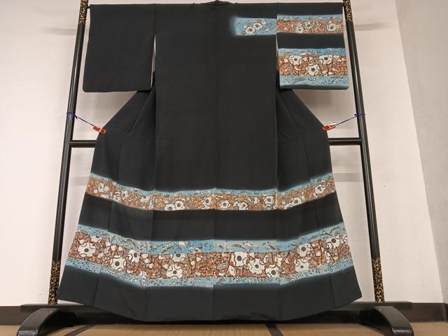 平和屋着物●訪問着　辻が花紋様　暈し染め　黒地　正絹　逸品　AABI2617cs