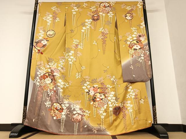 平和屋着物●豪華振袖　駒刺繍　花蝶丸文　暈し染め　金彩　正絹　逸品　AAAY0292zg