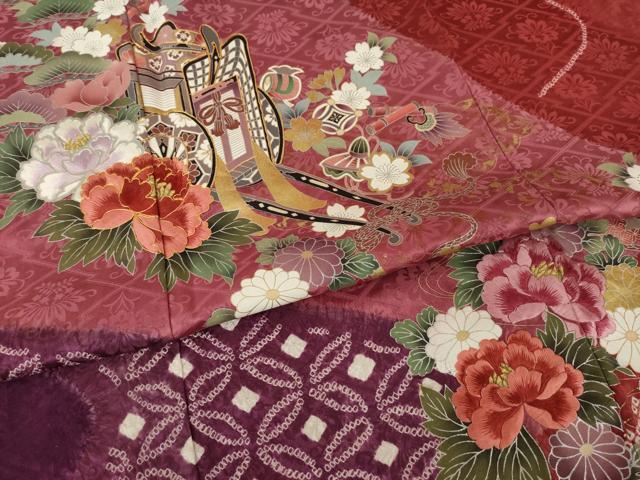 平和屋着物○豪華振袖・長襦袢・袋帯セット 絞り 御所車花文 金彩 正絹