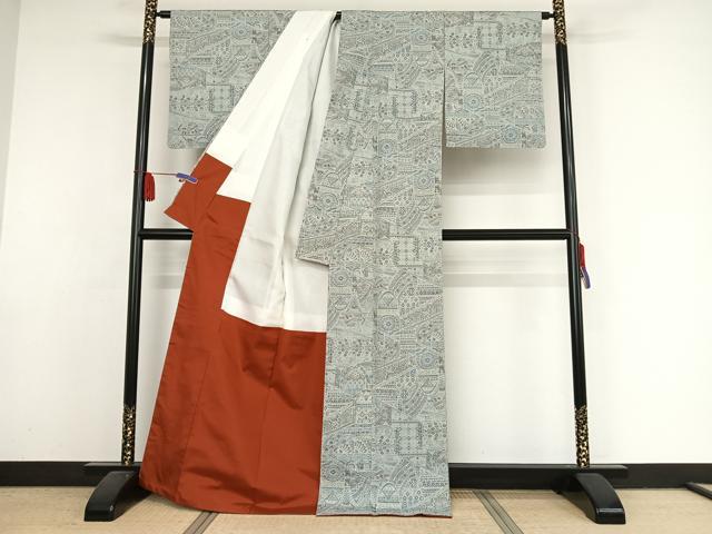 平和屋着物○本真綿結城紬 100亀甲 幾何学花文 正絹 逸品 AAAY1520np