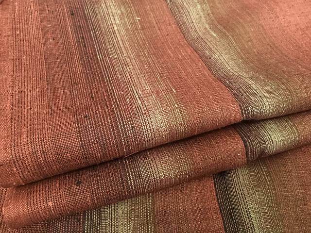 平和屋着物●珈琲染　紬　縞　ロング丈　正絹　逸品　AAAY1565np