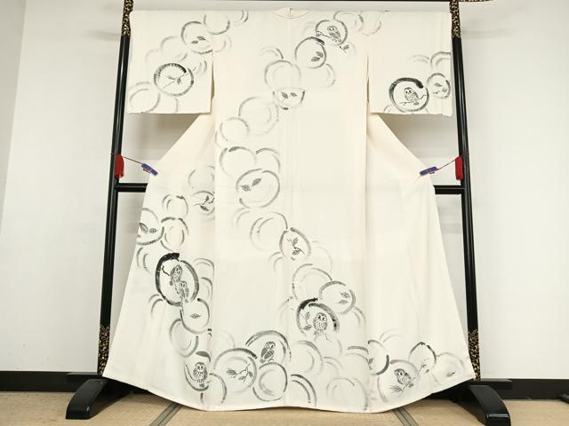 平和屋着物●訪問着　手描き　梟　フクロウ　正絹　逸品　AAAY1569np