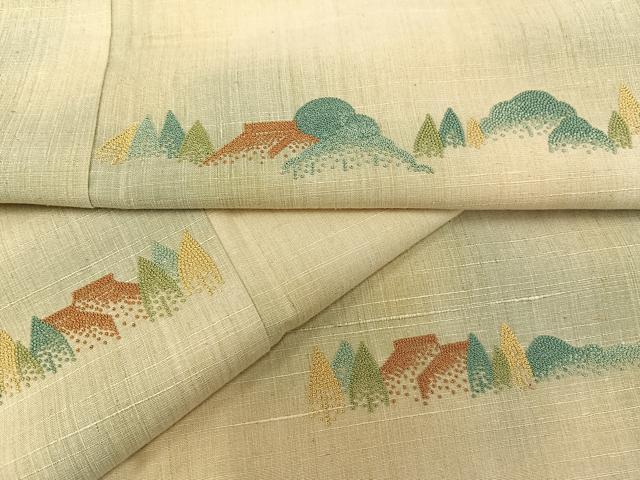 平和屋着物●訪問着　紬地　中国三大刺繍　相良刺繍　遠山風景文　正絹　逸品　AAAY1705np