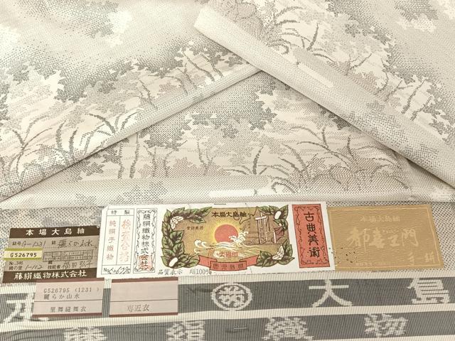 平和屋着物▽都喜ヱ門　本場大島紬　単衣　カタス9マルキ　麗らか山水　鈴乃屋扱い　証紙付き　藤絹織物謹製　正絹　逸品　AAAY1766np