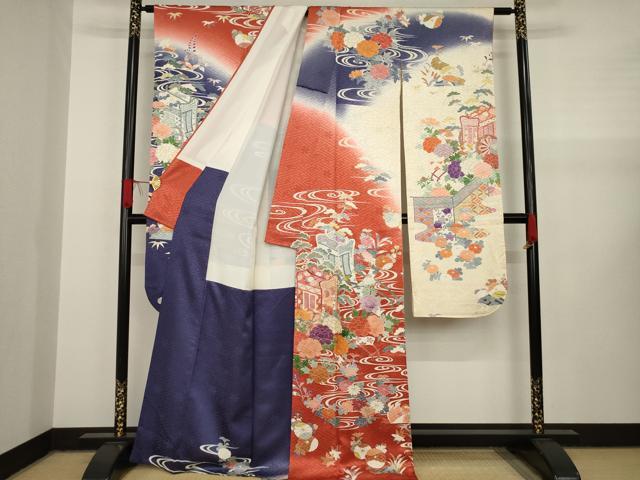 平和屋着物○豪華振袖 駒刺繍 流水御所車花文 暈し染め 金彩 正絹 逸品