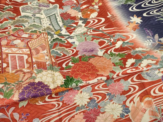 平和屋着物●豪華振袖　駒刺繍　流水御所車花文　暈し染め　金彩　正絹　逸品　AAAY1861ck 平和屋着物○豪華振袖 駒刺繍 流水御所車花文 暈し染め 金彩 正絹 逸品