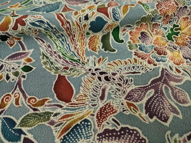 平和屋着物○上質な小紋 手描き 更紗鳳凰花文 鬼しぼ縮緬 正絹