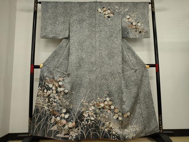 平和屋着物●訪問着　草花文　黒地　正絹　逸品　AAAY1902ck