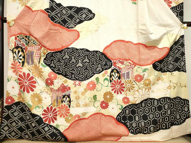 ◾️豪華絢爛◾️手絞り◾️金彩加工◾️御所車飛鶴花紋様 ◾️振袖フルセット◾️ 乱菊袋帯 平和屋着物○豪華振袖 駒刺繍 絞り 御所車花文 金糸 金彩 正絹 逸品