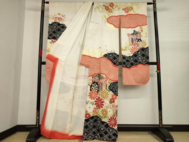 平和屋着物○豪華振袖 駒刺繍 絞り 御所車花文 金糸 金彩 正絹 逸品