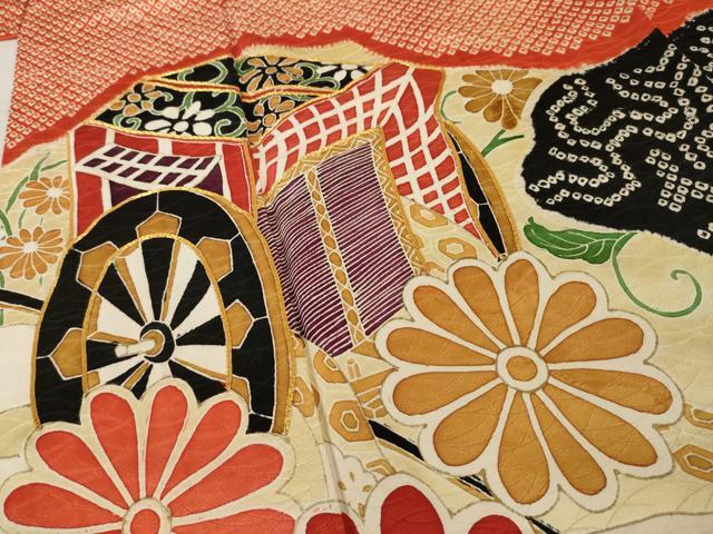 平和屋着物○豪華振袖 駒刺繍 絞り 御所車花文 金糸 金彩 正絹 逸品