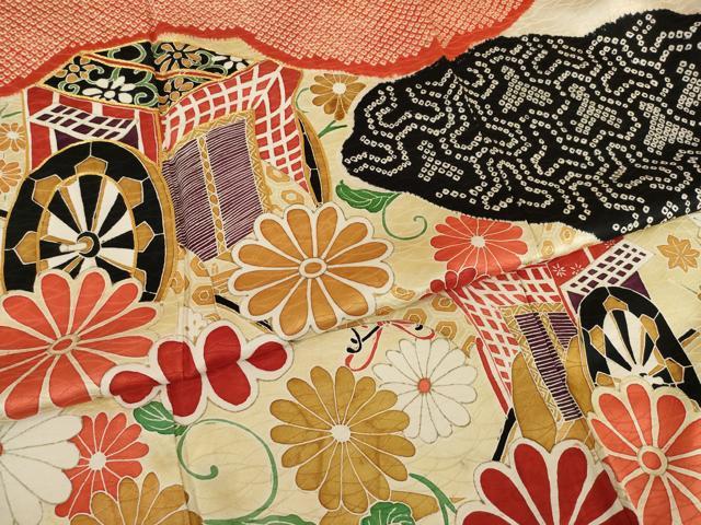 平和屋着物○豪華振袖 駒刺繍 絞り 御所車花文 金糸 金彩 正絹 逸品