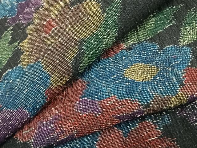 平和屋着物▽上質な紬 　単衣　 縮織　草花文　正絹　逸品　未使用　AAAY3206fy