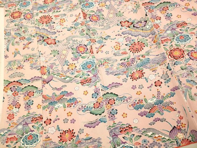 平和屋着物■上質な小紋　型染め　花鳥唐草文　逸品　未使用　BAAI9769pm 平和屋着物□上質な小紋 作家物 型染め 草木染 花唐草文 暈