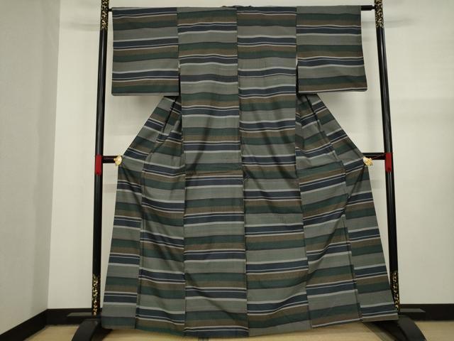 平和屋着物○本場大島紬 残糸織 やたら織 横段文 正絹 逸品 AAAY4694ck