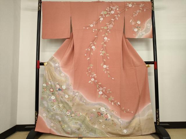 平和屋着物●訪問着　流水枝花文　暈し染め　金彩　正絹　逸品　AAAY4747ck