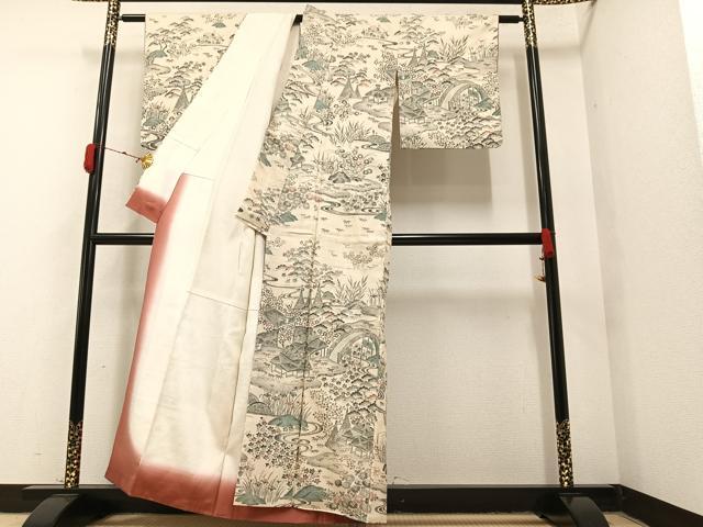 平和屋着物○染織の名門 しょうざん 生紬 訪問着 風景人物草花文