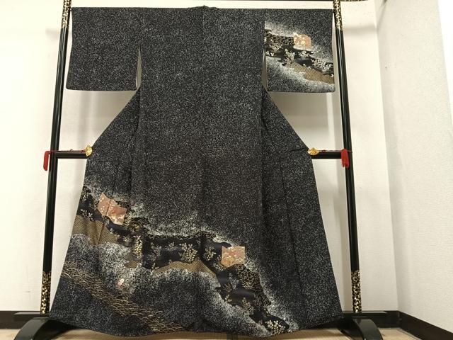 平和屋着物●訪問着　刺繍　草花屏風　たたき染め　黒地　金銀彩　正絹　逸品　AAAY5972ph