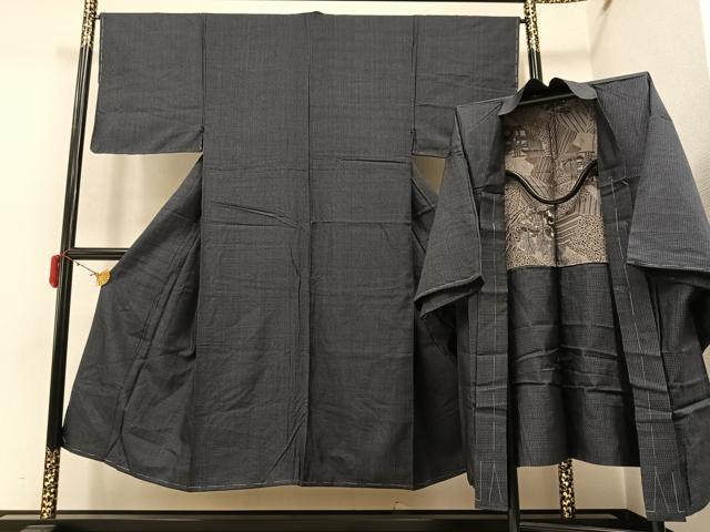 平和屋着物●男性　紬　アンサンブル　濃紺色　正絹　逸品　AAAY6305ph