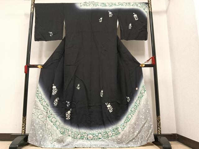 平和屋着物●東京友禅　菅有鬼一　訪問着　絞り　草花文　暈し染め　黒地　正絹　逸品　AAAY6346ph