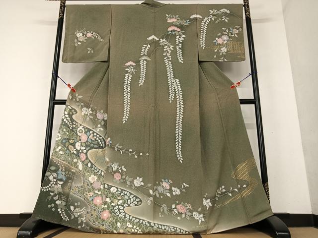 平和屋着物○上質な小紋 生紬 型染め 立波枝花文 正絹